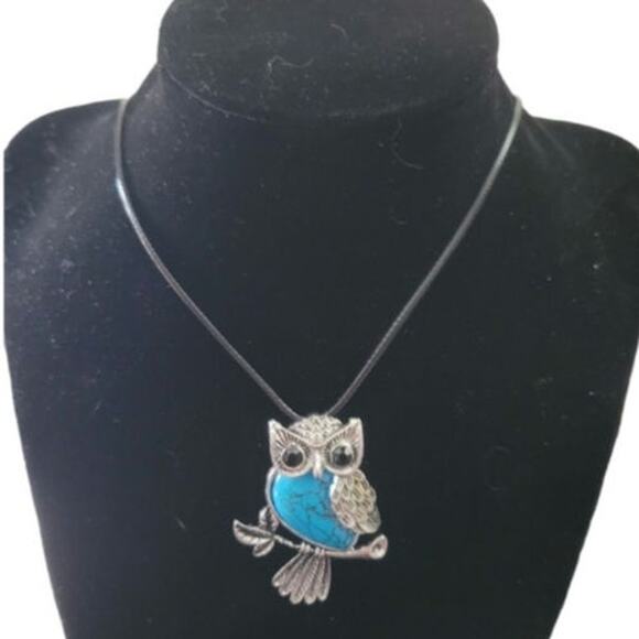 Turquoise Crystal Owl Pendant Necklace - Picture 2 of 3